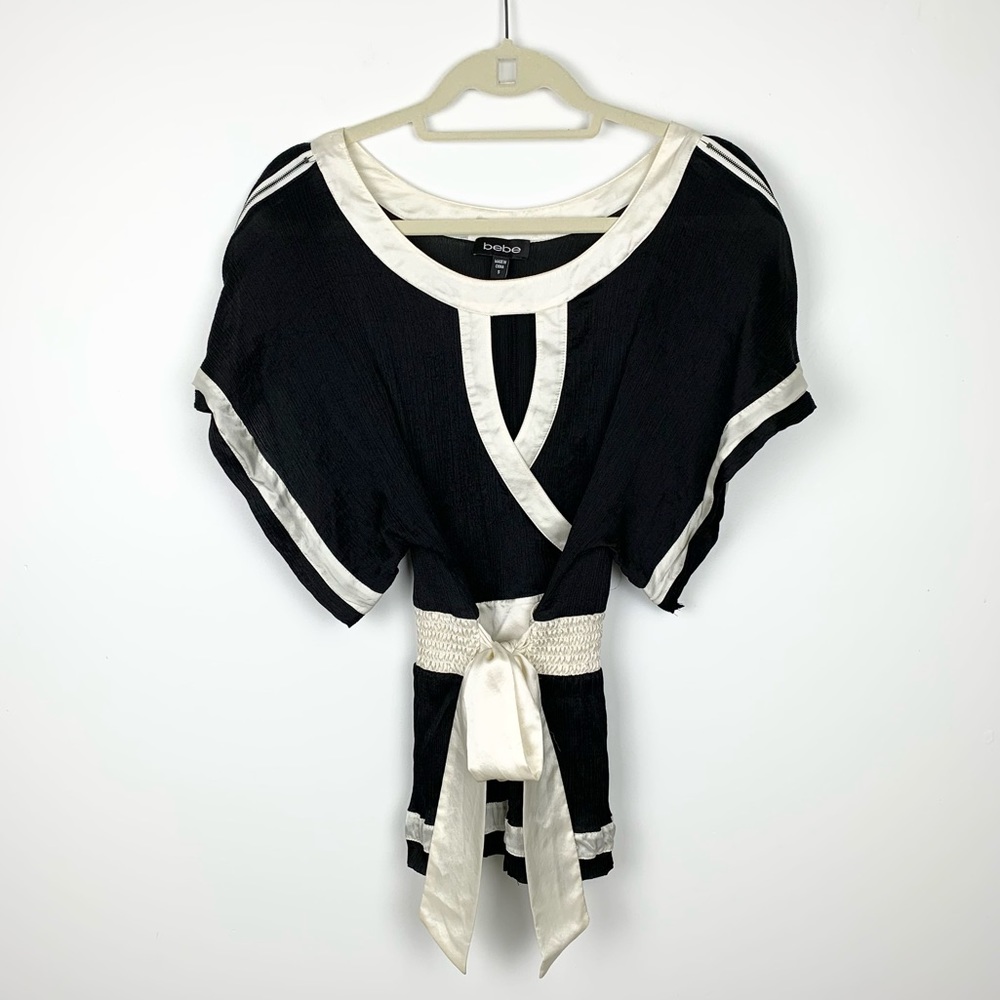 bebe 100% Silk Keyhole Neck Faux Wrap Blouse